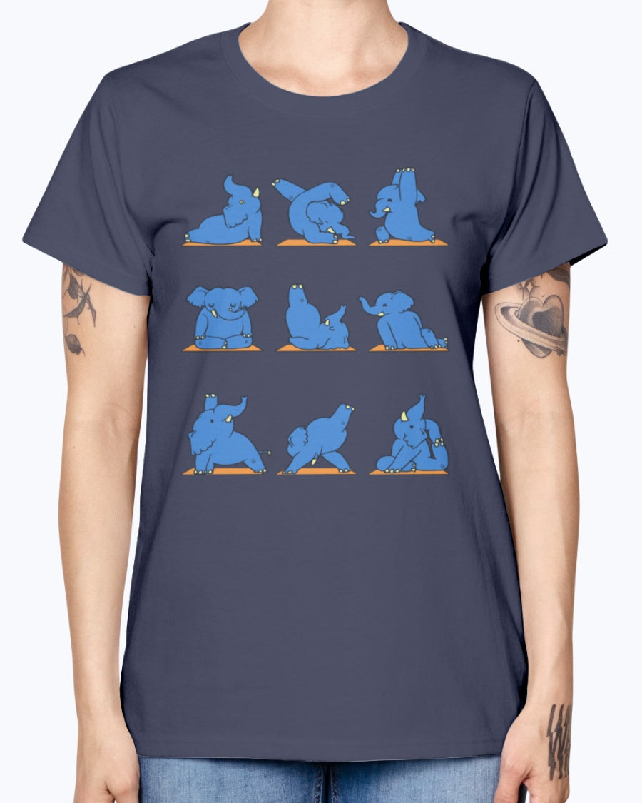 Gildan Ladies Missy T-Shirt.  Funny Elephant Yoga