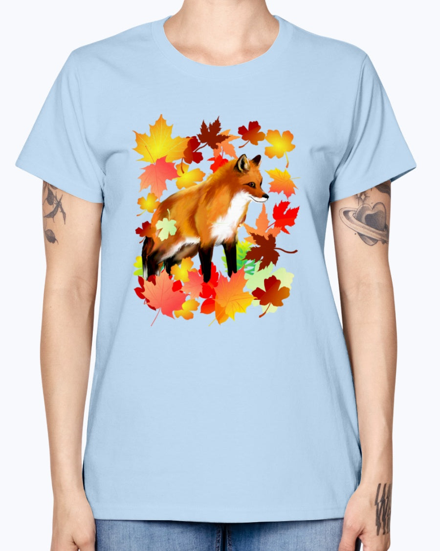 Gildan Ladies Missy T-Shirt 16 Light Colors       A FOX in FALL
