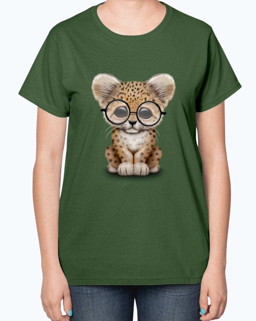 Gildan 2000L Ultra Cotton Ladies T-Shirt 13 colors Dark. Cute Baby Leopard Cub Wearing Glasses