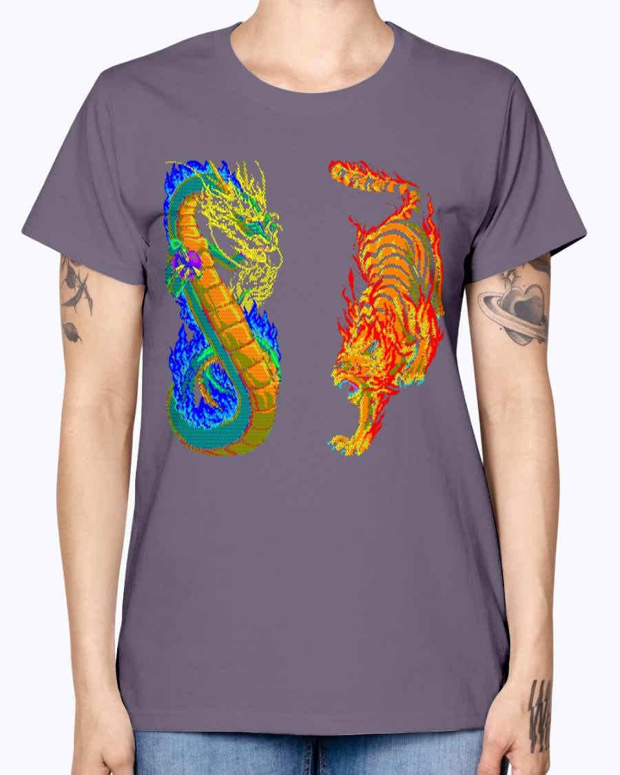 Gildan Ladies Missy T-Shirt 16 colors. Dragon vs Tiger