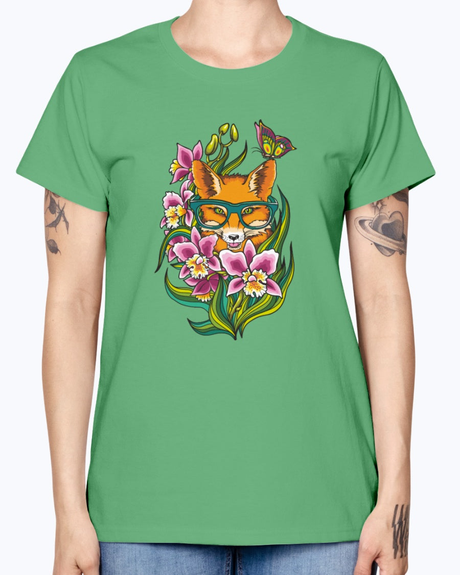 Gildan Ladies Missy T-Shirt 16 Light Colors       Fox in Glasses