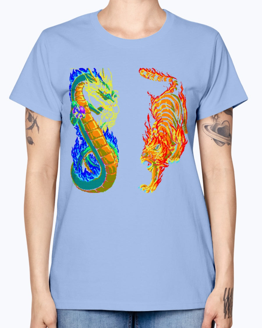 Gildan Ladies Missy T-Shirt 16 colors. Dragon vs Tiger