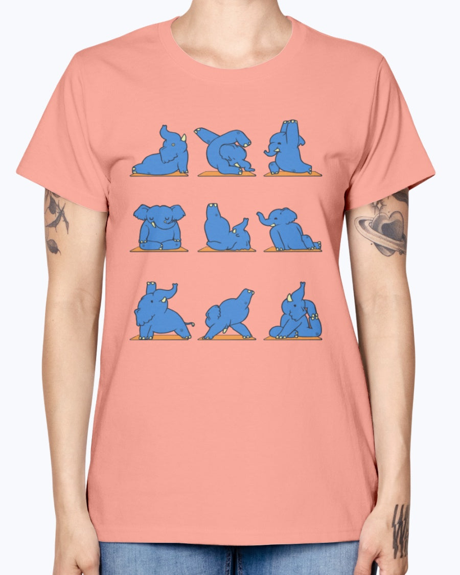 Gildan Ladies Missy T-Shirt.  Funny Elephant Yoga