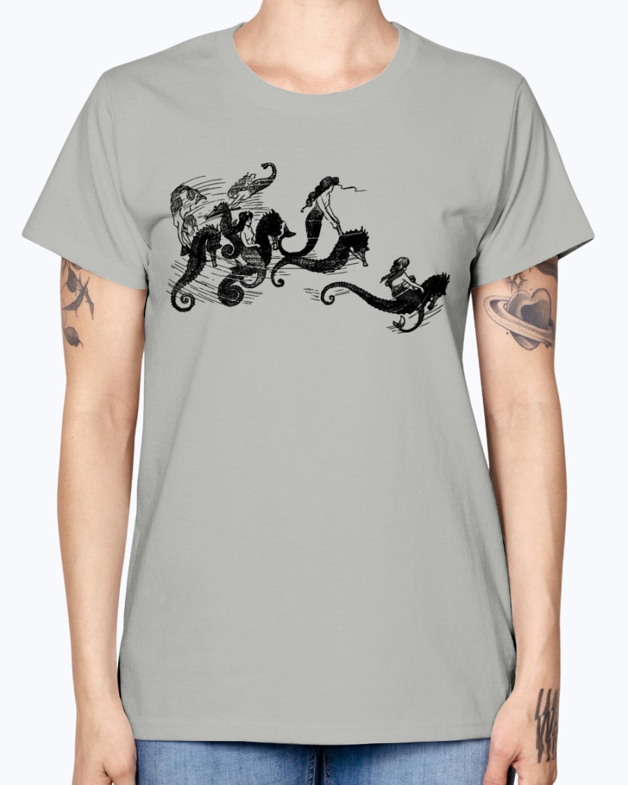 Gildan Ladies Missy T-Shirt   Mermaids and Seahorses