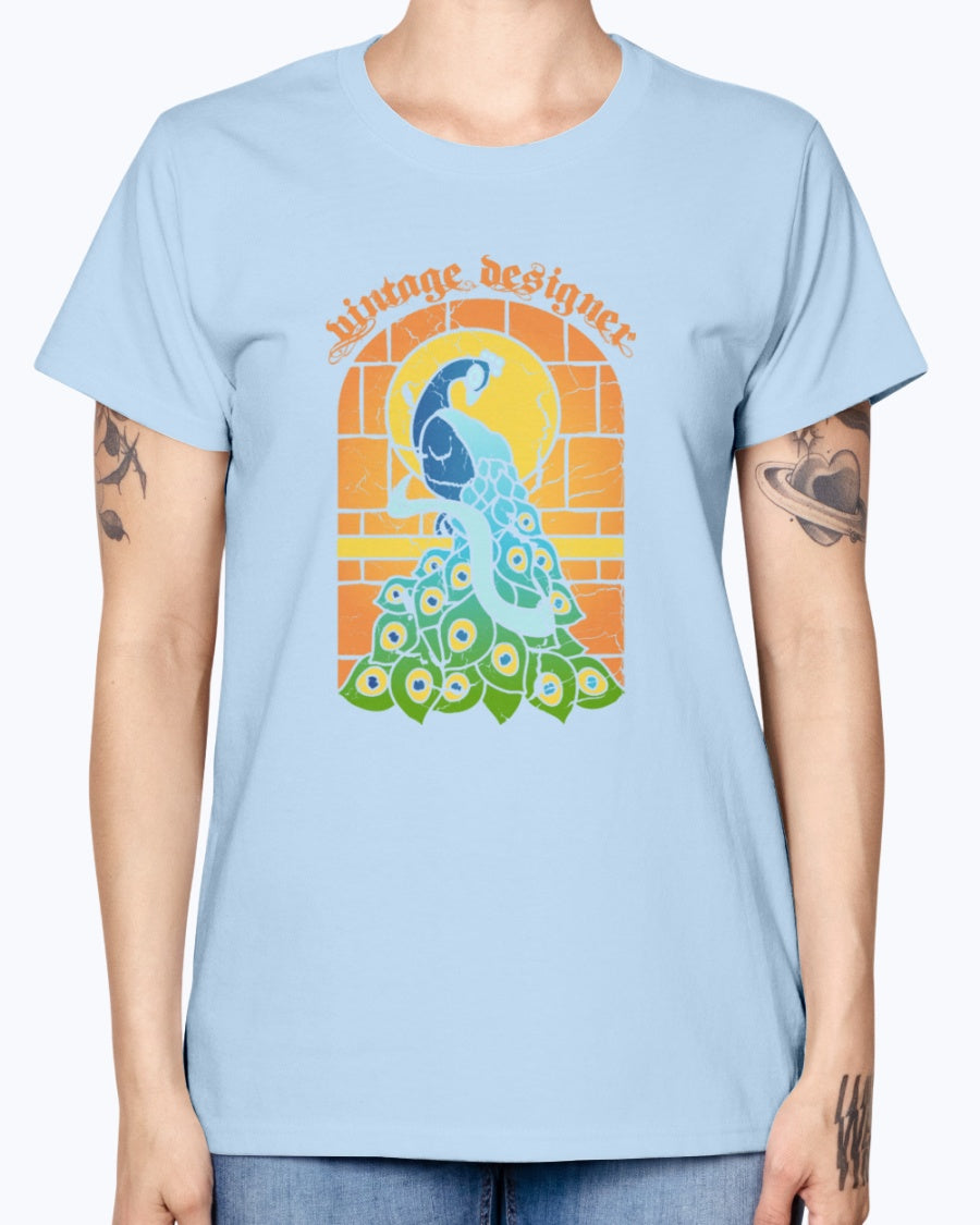 Gildan Ladies Missy T-Shirt 16 colors    Vintage Peacock Stained Glass Window