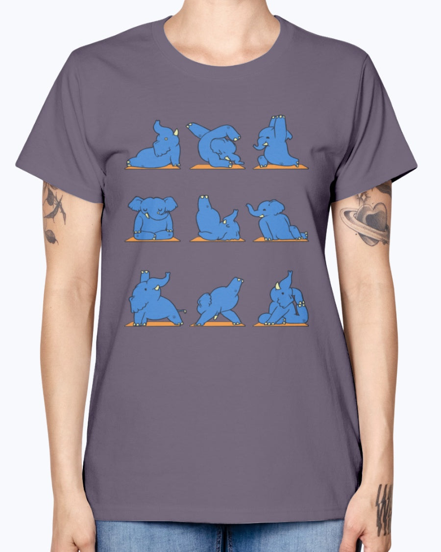 Gildan Ladies Missy T-Shirt.  Funny Elephant Yoga