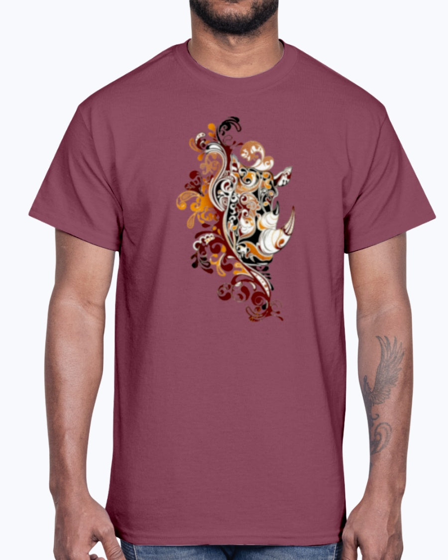 Men's Gildan Ultra Cotton T-Shirt 12 Dark colors.   Dust Rhinos Orange Knotwork