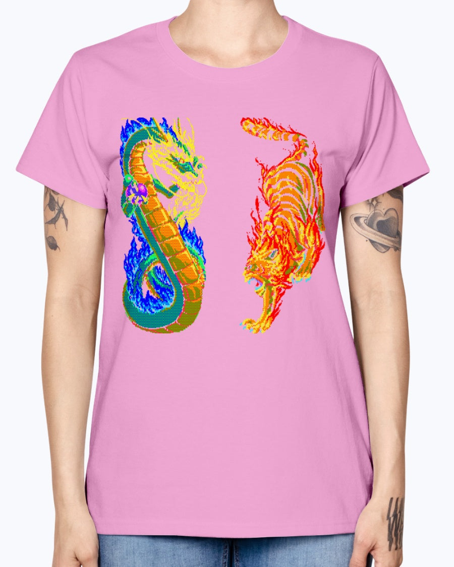 Gildan Ladies Missy T-Shirt 16 colors. Dragon vs Tiger