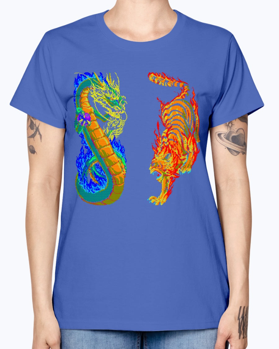 Gildan Ladies Missy T-Shirt 16 colors. Dragon vs Tiger
