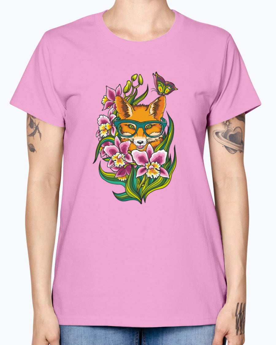 Gildan Ladies Missy T-Shirt 16 Light Colors       Fox in Glasses