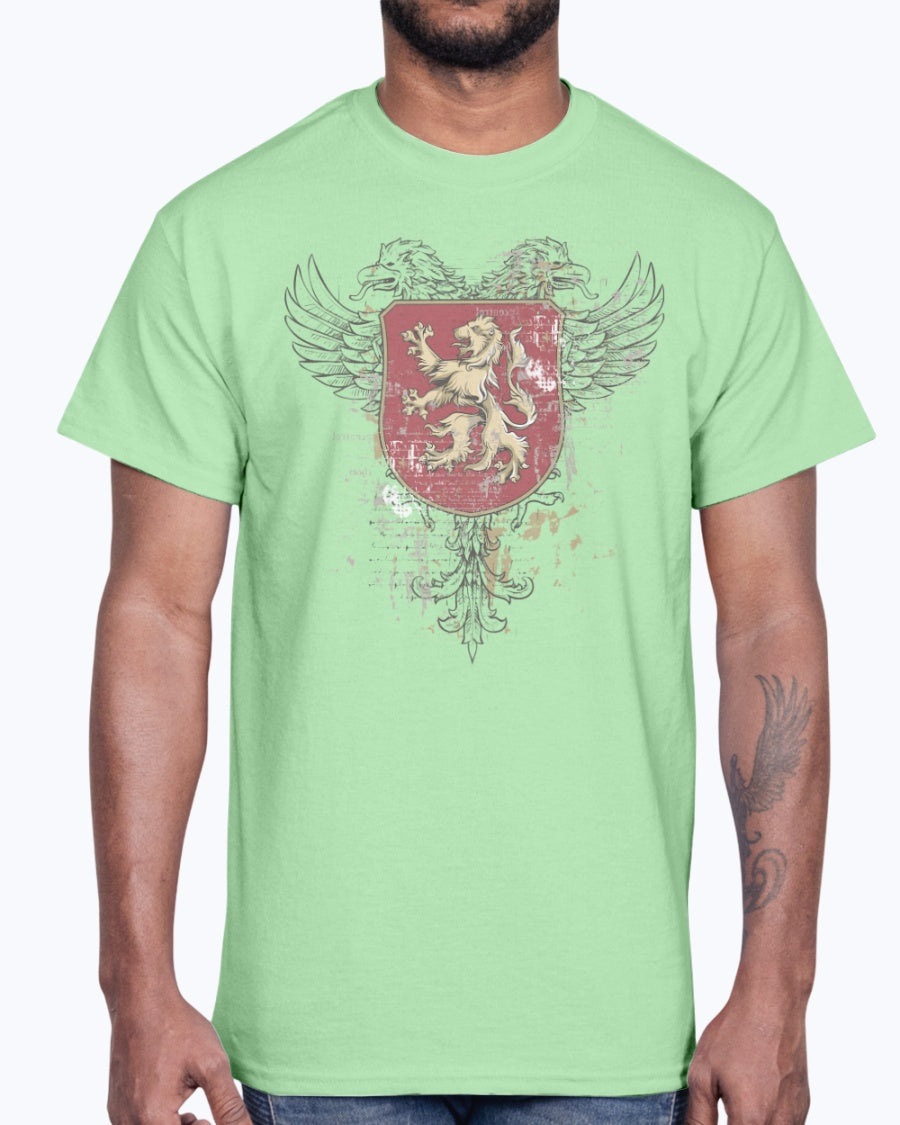 Men's Gildan Ultra Cotton T-Shirt 11 Light coloros.    Coat of arms with a lion, design-745