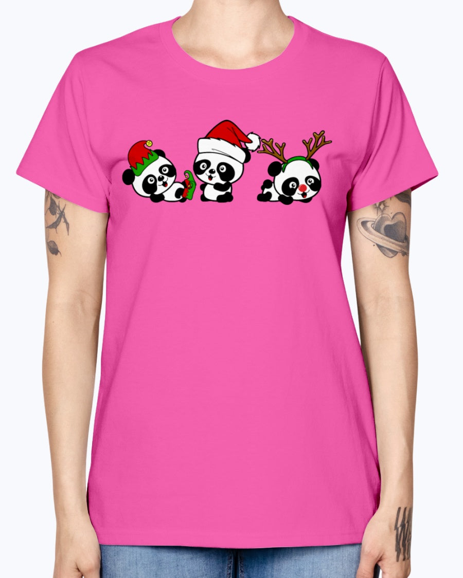 Gildan Ladies Missy T-Shirt. Christmas Pandas.