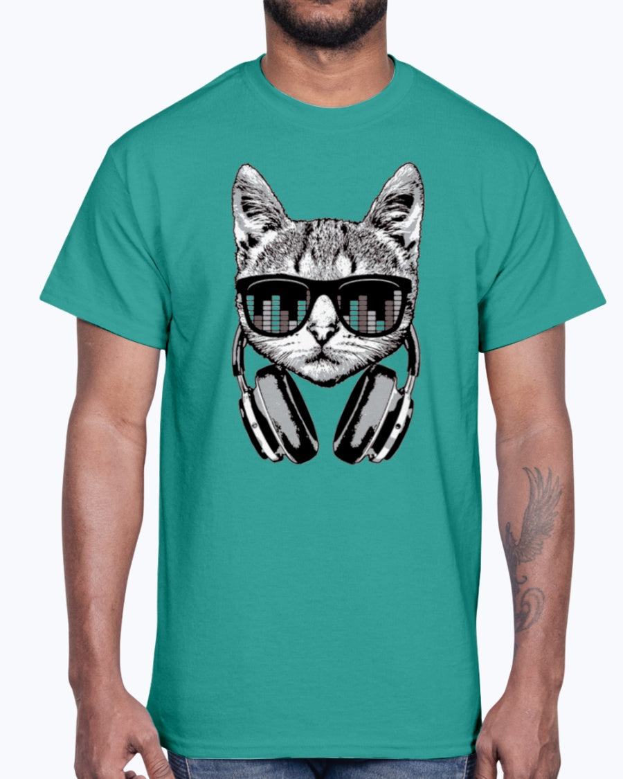 Men's Gildan Ultra Cotton T-Shirt     Headphones Cat Equalizer Glasses   (Mens)