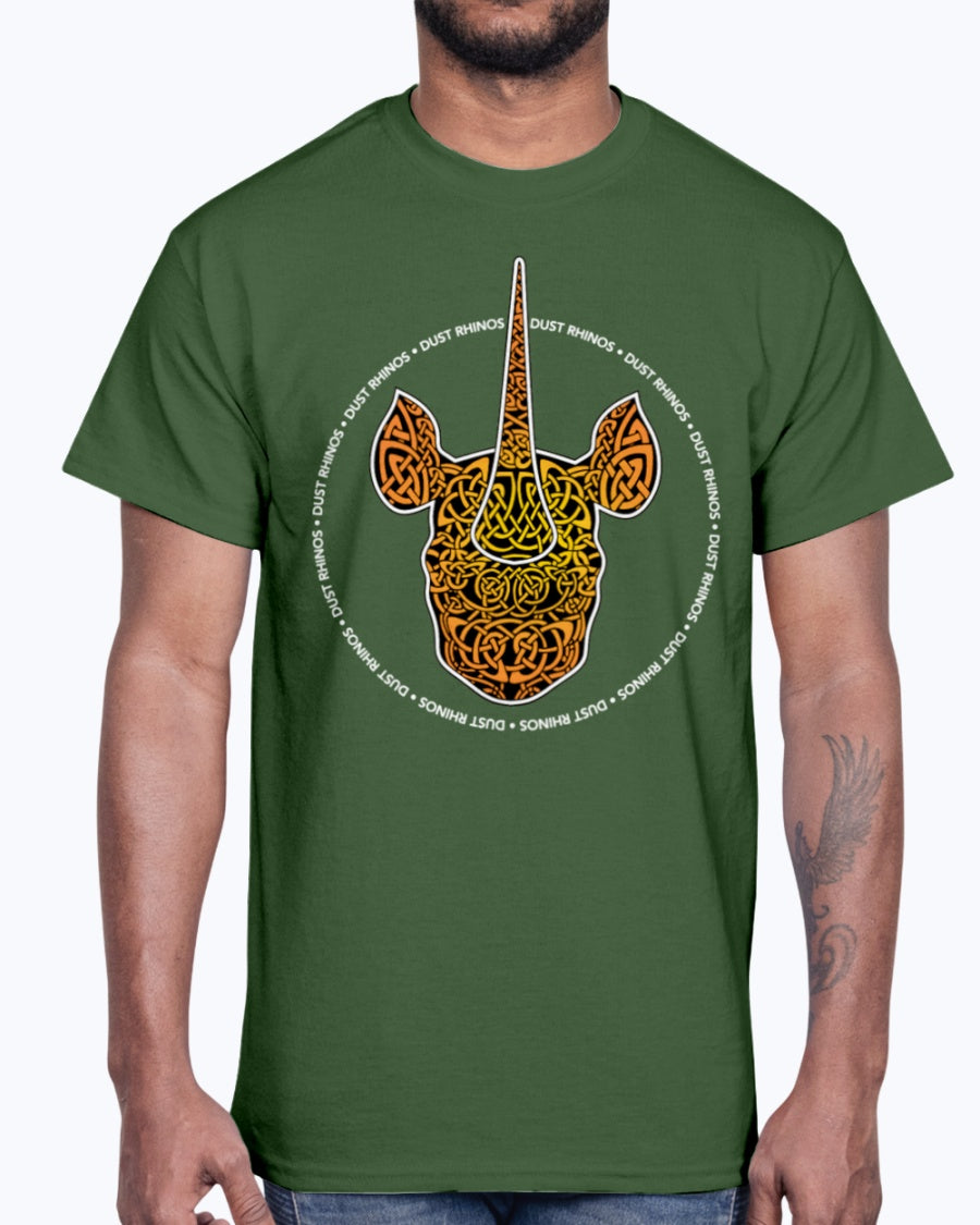 Men's Gildan Ultra Cotton T-Shirt 12 Dark colors.   Dust Rhinos Orange Knotwork