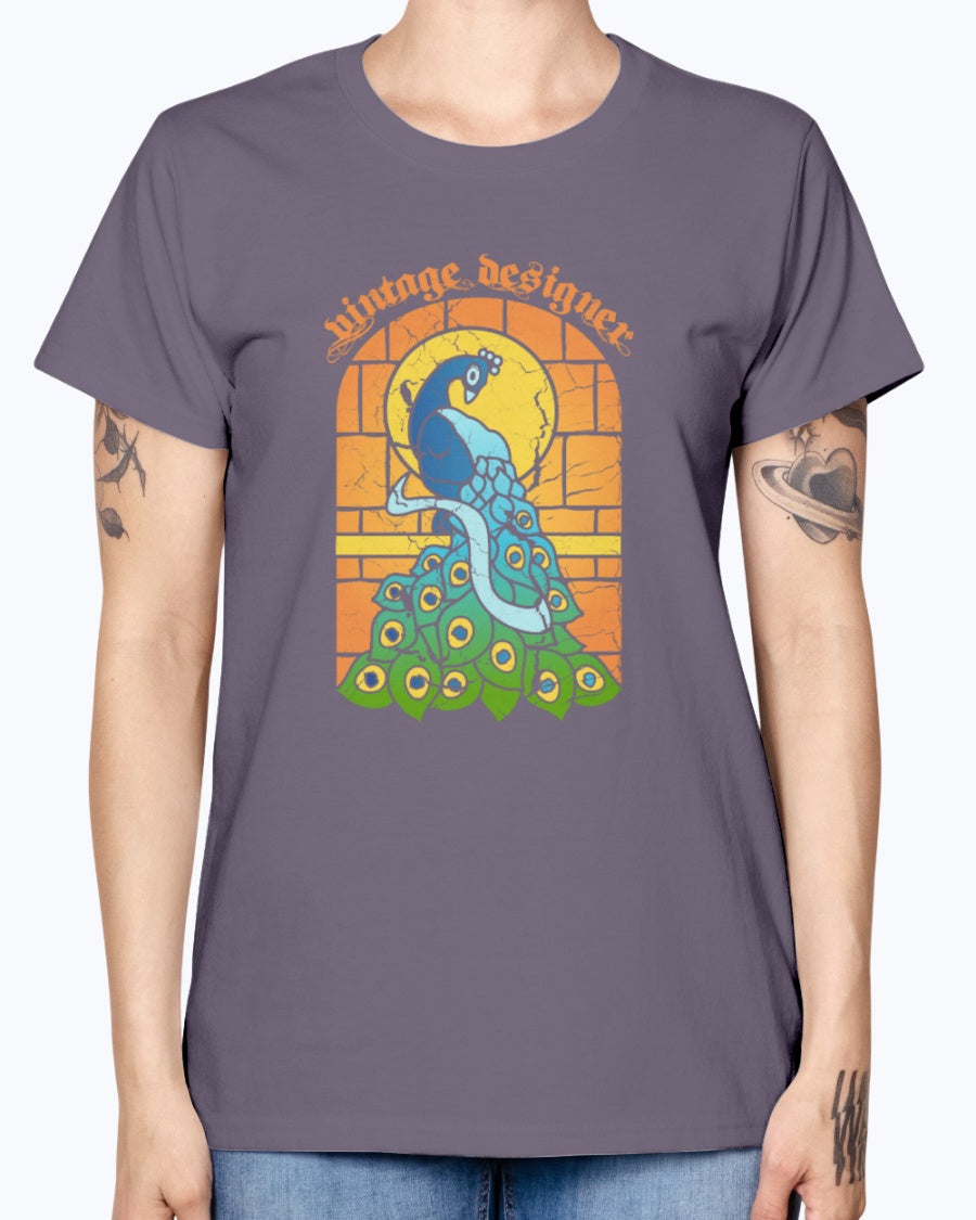 Gildan Ladies Missy T-Shirt 16 colors    Vintage Peacock Stained Glass Window