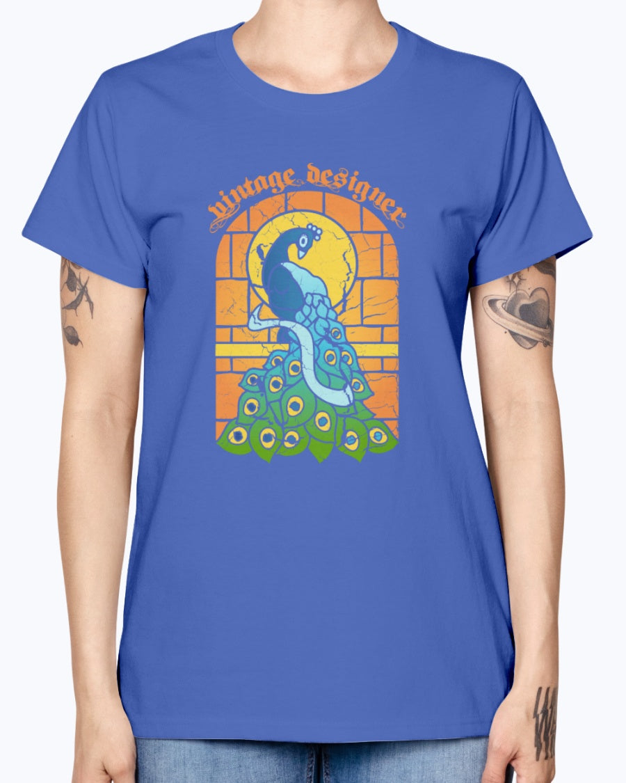Gildan Ladies Missy T-Shirt 16 colors    Vintage Peacock Stained Glass Window