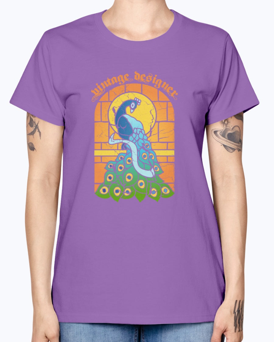 Gildan Ladies Missy T-Shirt 16 colors    Vintage Peacock Stained Glass Window