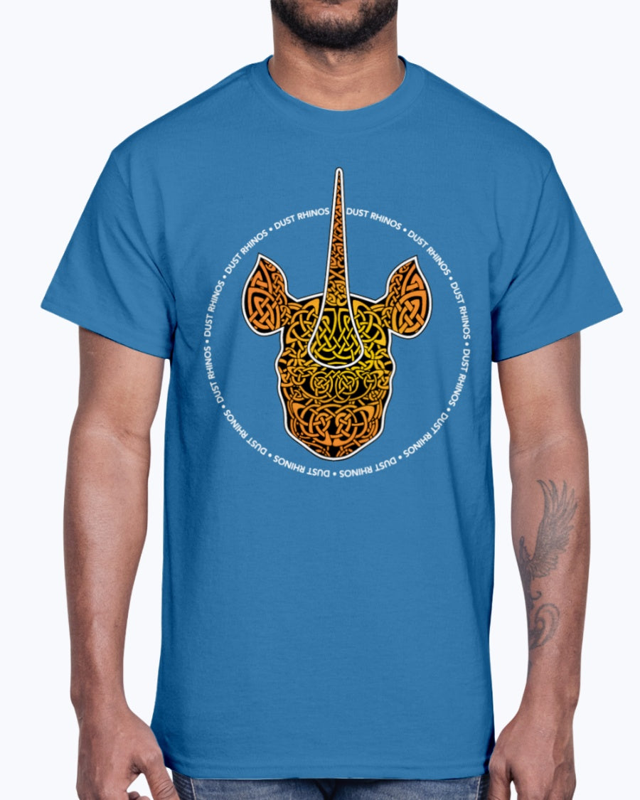 Men's Gildan Ultra Cotton T-Shirt 12 Dark colors.   Dust Rhinos Orange Knotwork