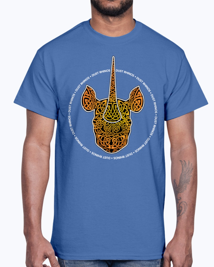 Men's Gildan Ultra Cotton T-Shirt 12 Dark colors.   Dust Rhinos Orange Knotwork