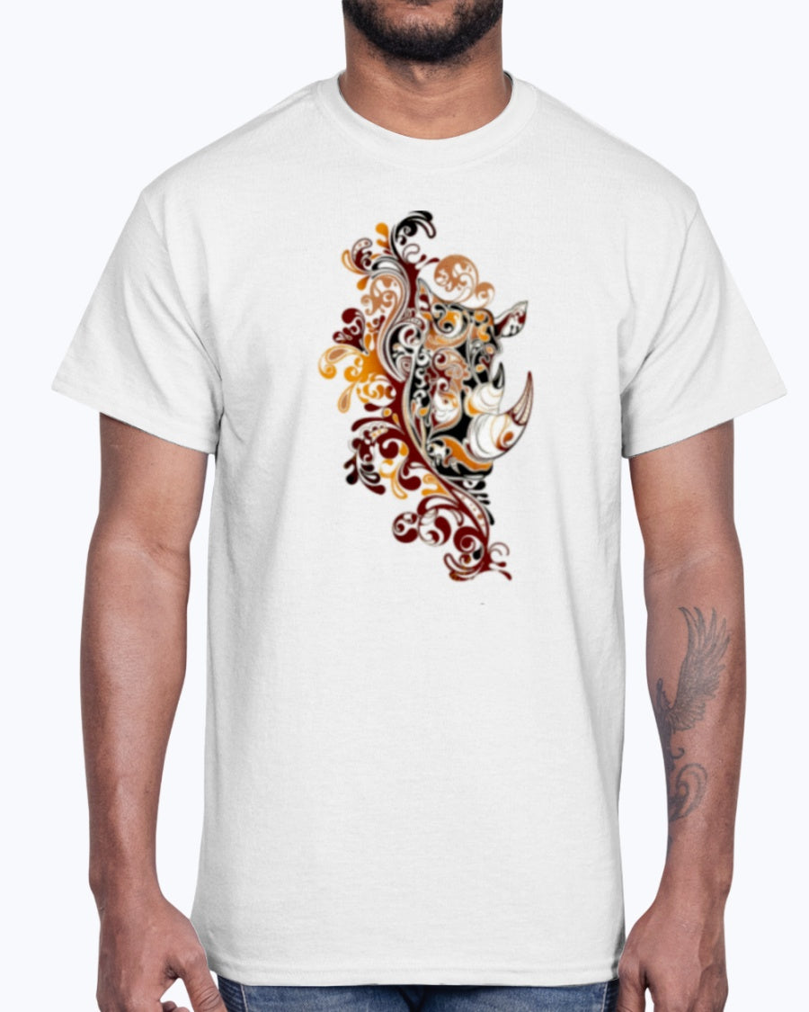 Men's Gildan Ultra Cotton T-Shirt 12 Dark colors.   Dust Rhinos Orange Knotwork