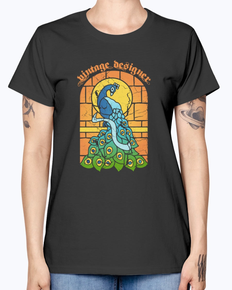 Gildan Ladies Missy T-Shirt 16 colors    Vintage Peacock Stained Glass Window