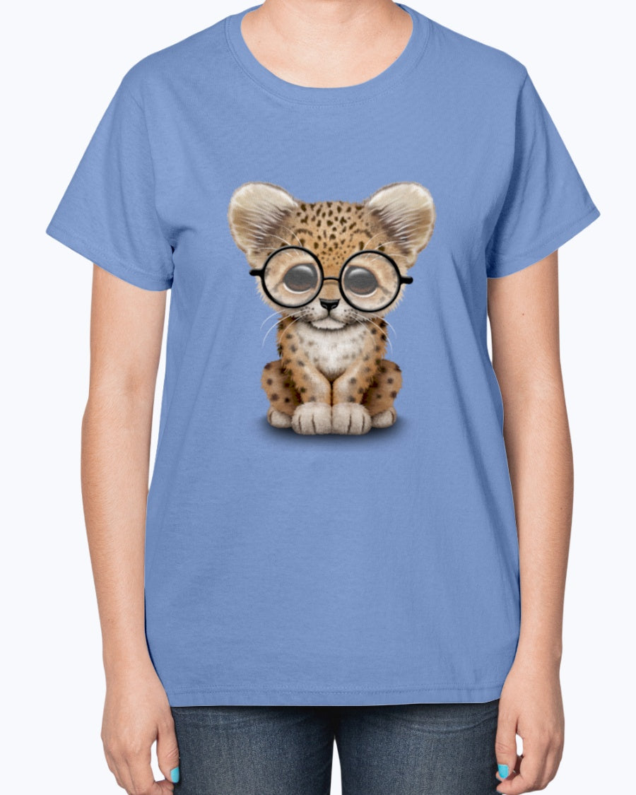 Gildan 2000L Ultra Cotton Ladies T-Shirt 13 colors Dark. Cute Baby Leopard Cub Wearing Glasses