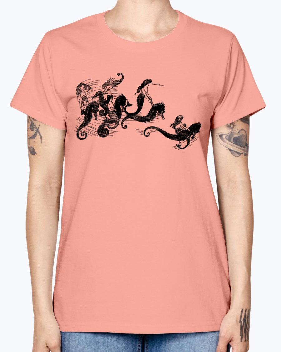 Gildan Ladies Missy T-Shirt   Mermaids and Seahorses