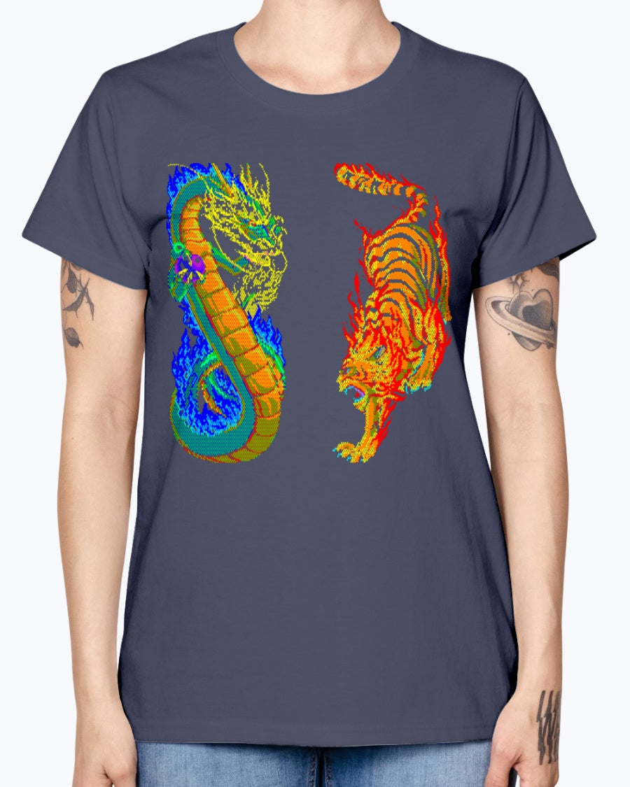 Gildan Ladies Missy T-Shirt 16 colors. Dragon vs Tiger