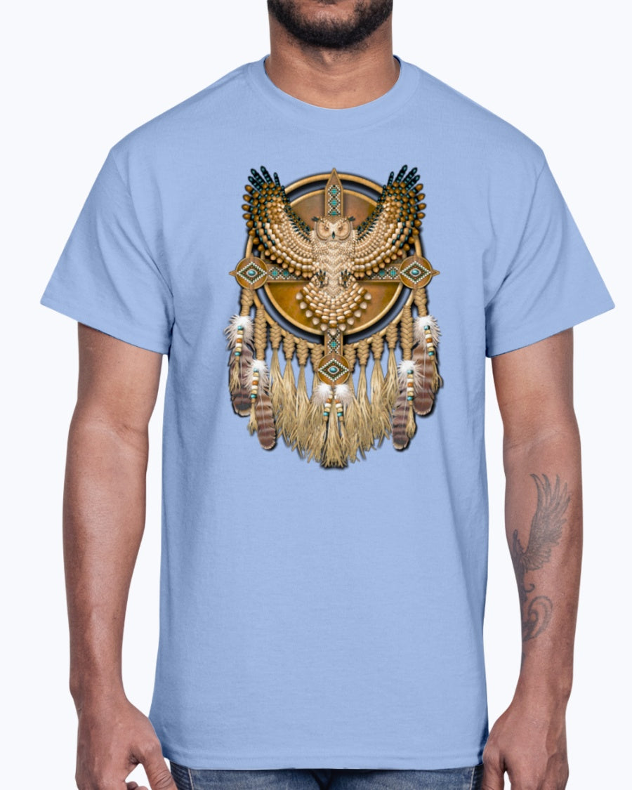 Men's Gildan Ultra Cotton T-Shirt 12 Dark colors. Beadwork Great Horned Owl Mandala