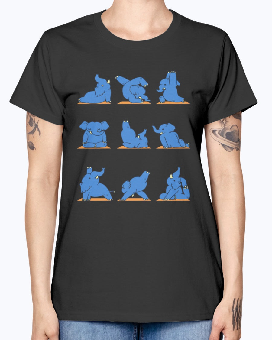 Gildan Ladies Missy T-Shirt.  Funny Elephant Yoga