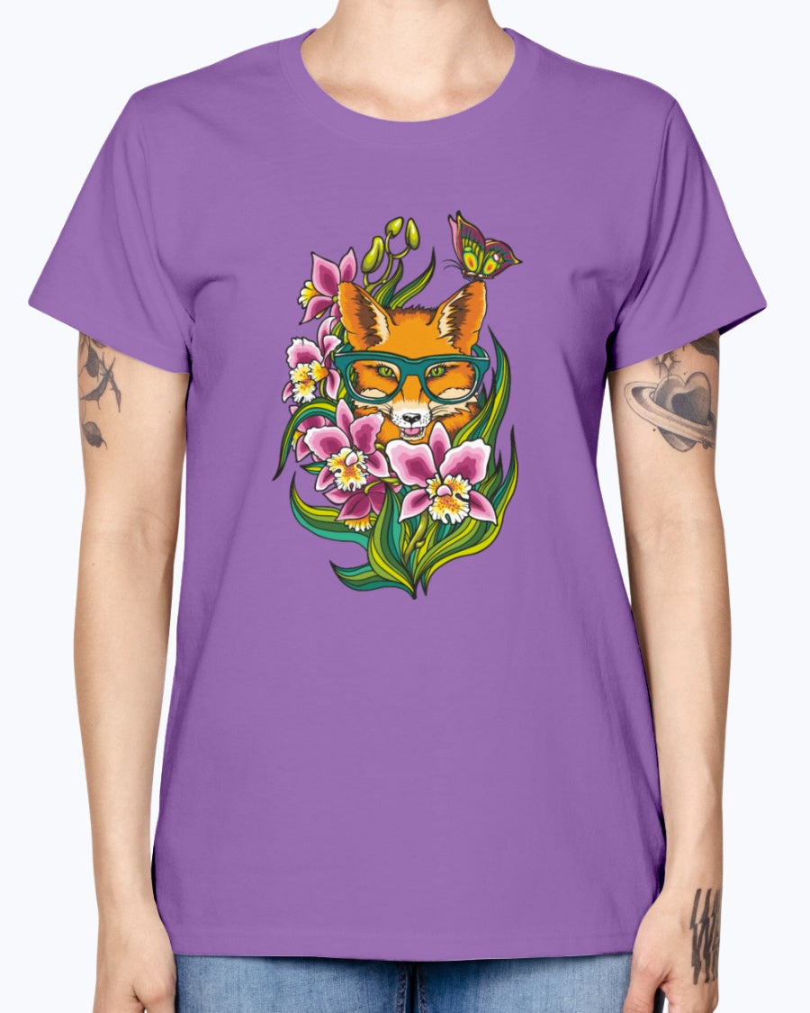 Gildan Ladies Missy T-Shirt 16 Light Colors       Fox in Glasses