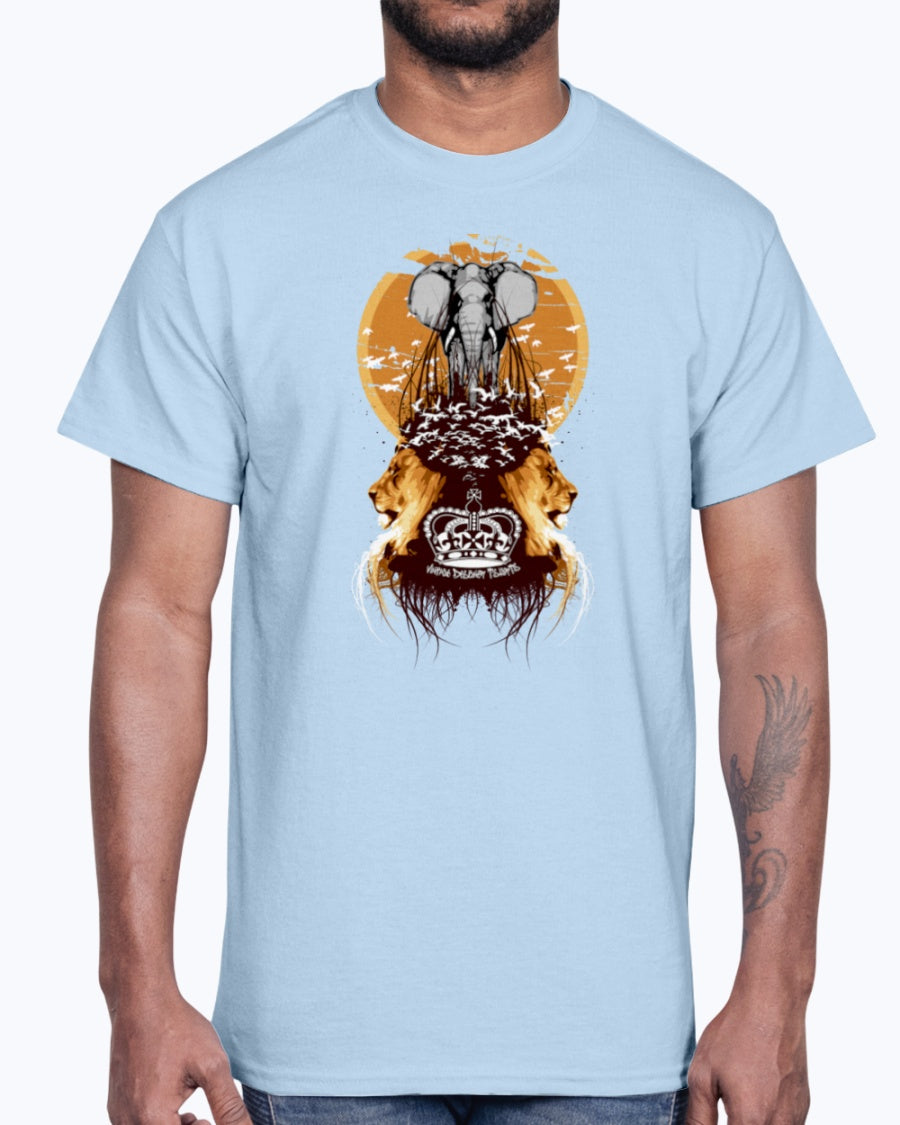 Men's Gildan Ultra Cotton T-Shirt Light coloros. White Elephant, Lions, and Birds Vintage Designer