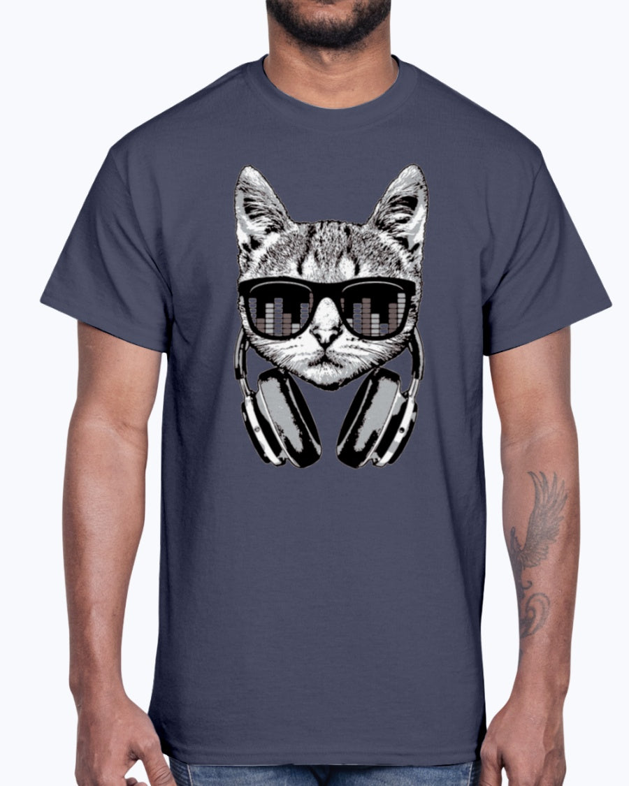 Men's Gildan Ultra Cotton T-Shirt     Headphones Cat Equalizer Glasses   (Mens)