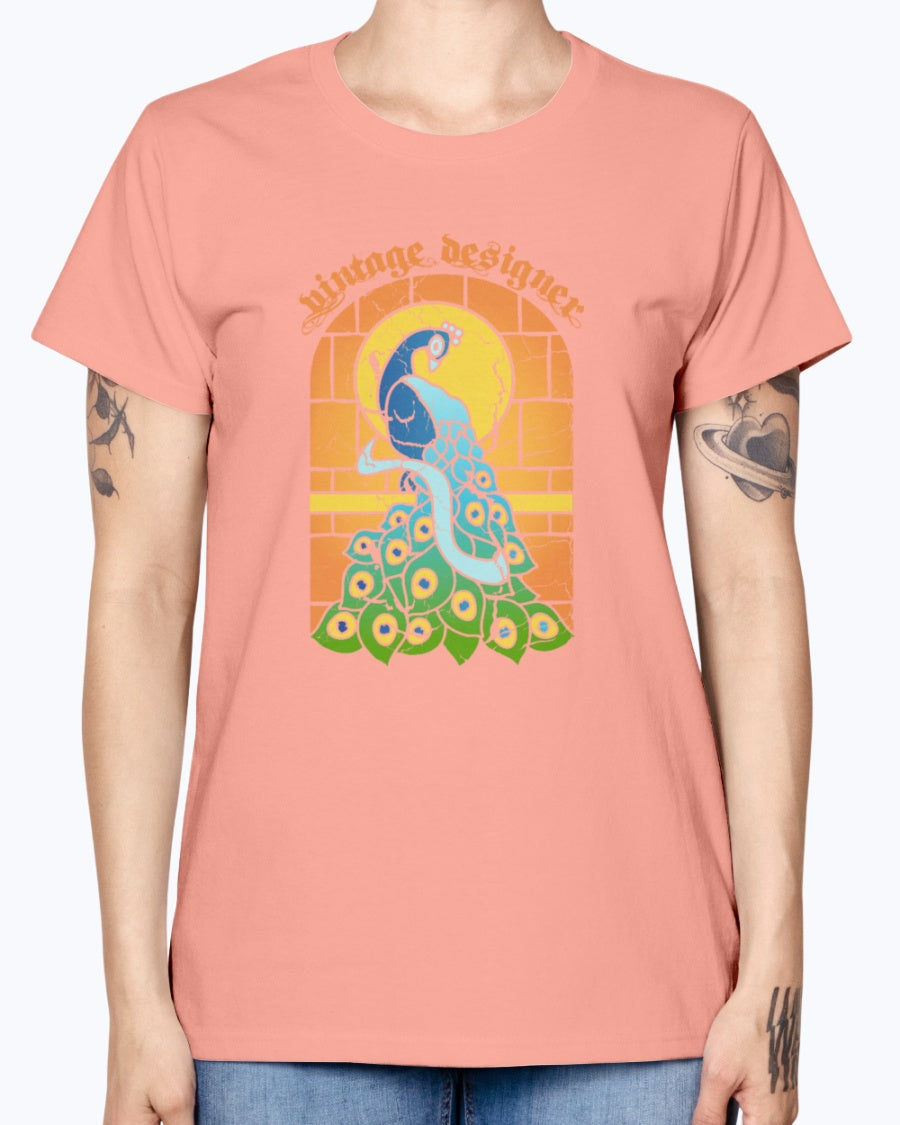Gildan Ladies Missy T-Shirt 16 colors    Vintage Peacock Stained Glass Window