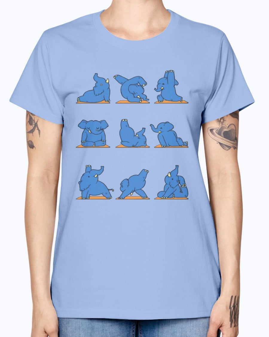 Gildan Ladies Missy T-Shirt.  Funny Elephant Yoga
