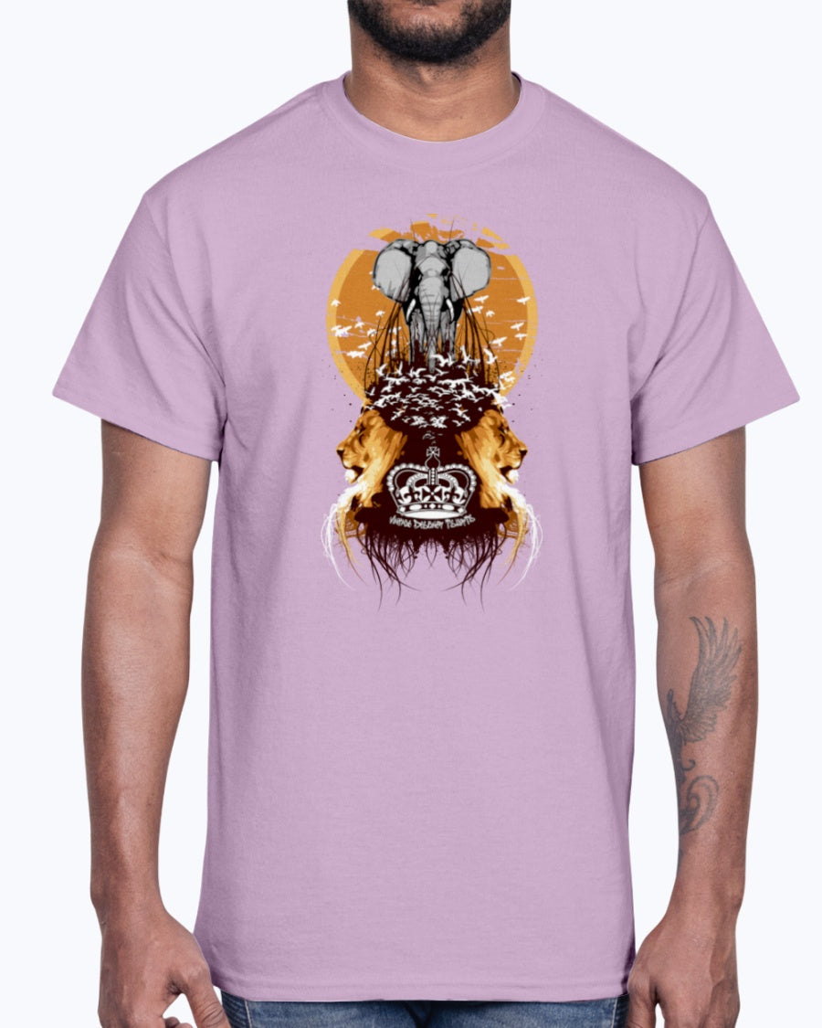 Men's Gildan Ultra Cotton T-Shirt Light coloros. White Elephant, Lions, and Birds Vintage Designer
