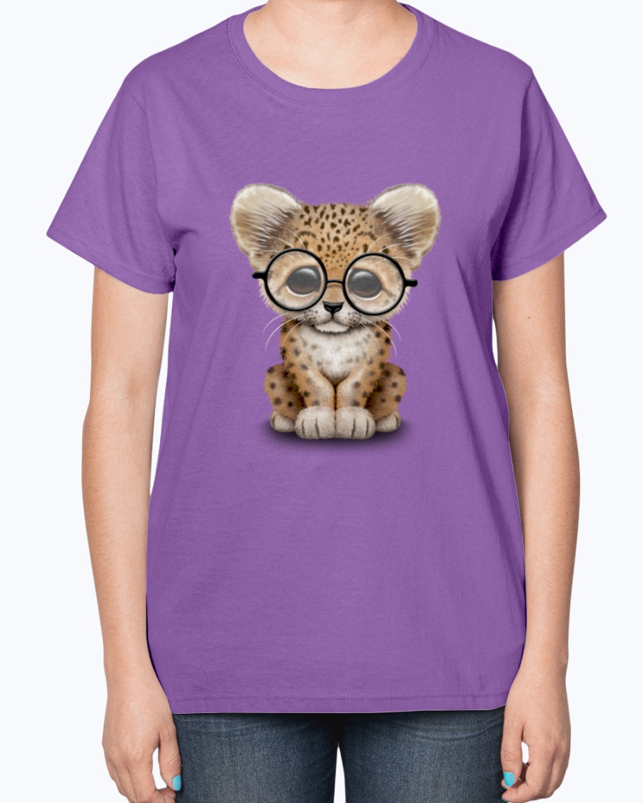 Gildan 2000L Ultra Cotton Ladies T-Shirt 13 colors Dark. Cute Baby Leopard Cub Wearing Glasses