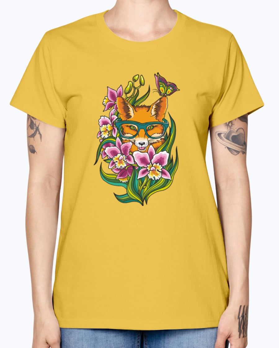 Gildan Ladies Missy T-Shirt 16 Light Colors       Fox in Glasses