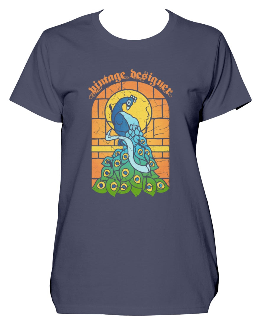 Gildan Ladies Missy T-Shirt 16 colors    Vintage Peacock Stained Glass Window