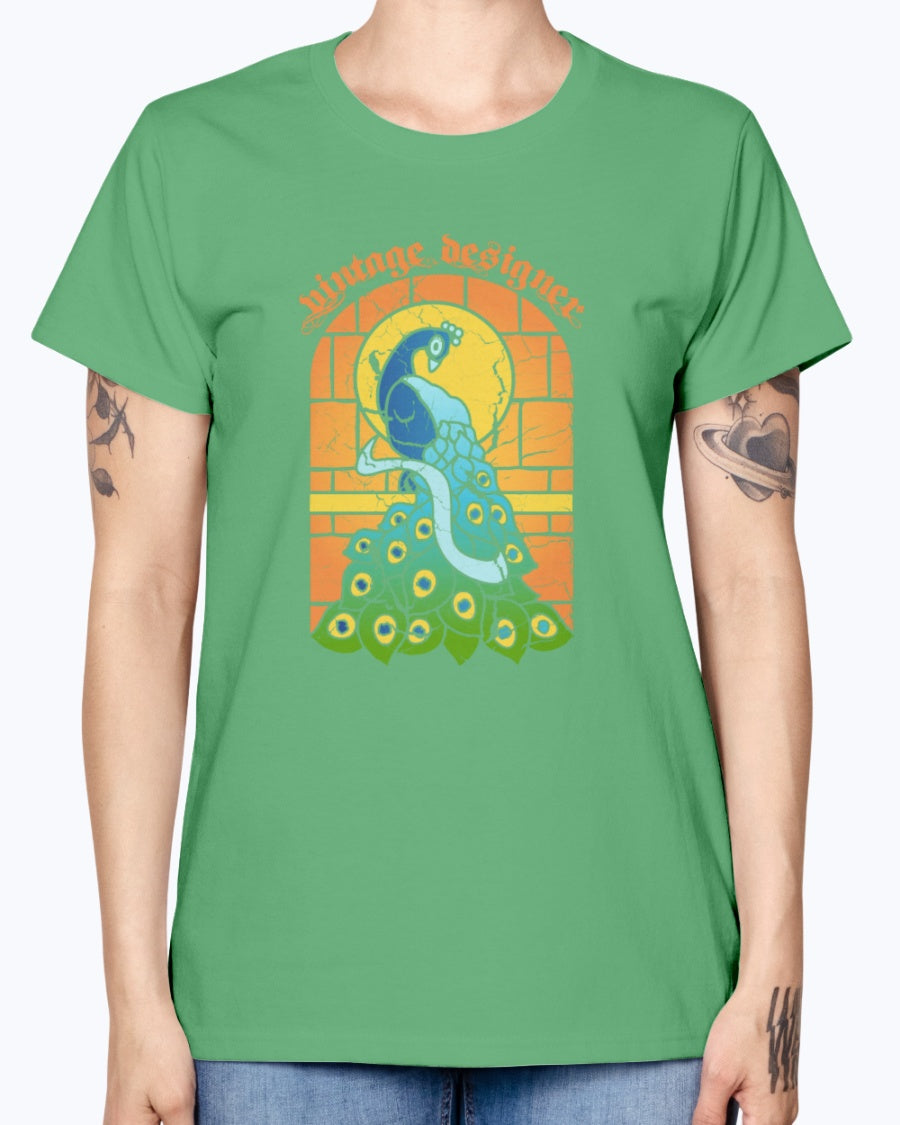 Gildan Ladies Missy T-Shirt 16 colors    Vintage Peacock Stained Glass Window