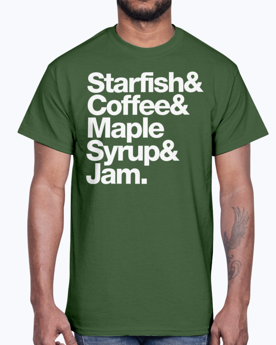 Men's Gildan Ultra Cotton T-Shirt . STARFISH COFFEE MAPLE SYRUP AND JAM
