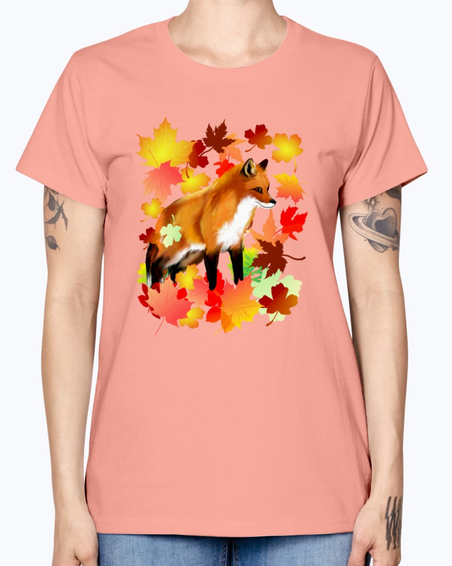 Gildan Ladies Missy T-Shirt 16 Light Colors       A FOX in FALL