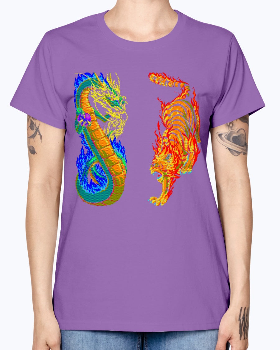 Gildan Ladies Missy T-Shirt 16 colors. Dragon vs Tiger