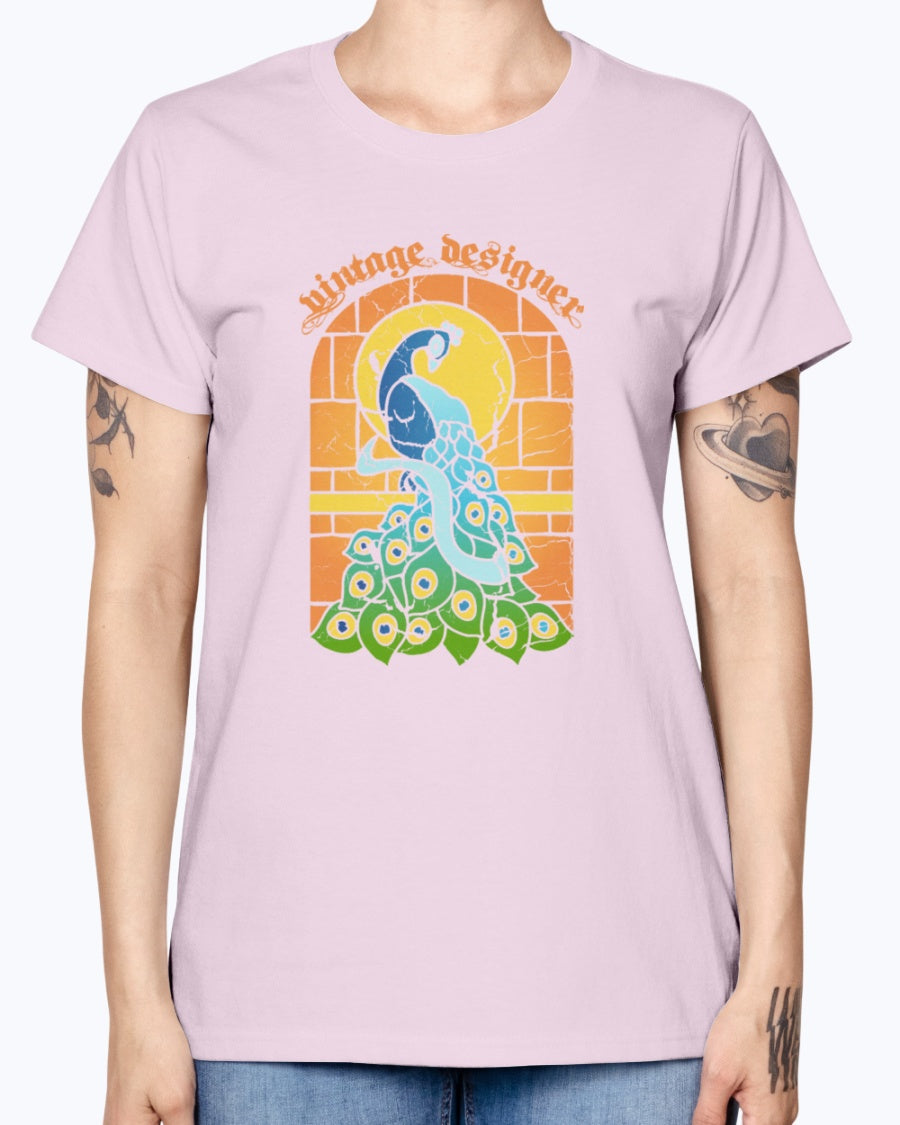 Gildan Ladies Missy T-Shirt 16 colors    Vintage Peacock Stained Glass Window
