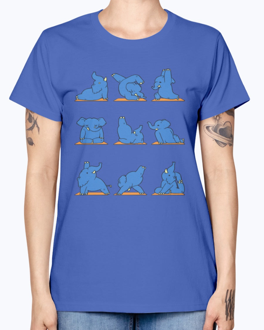 Gildan Ladies Missy T-Shirt.  Funny Elephant Yoga