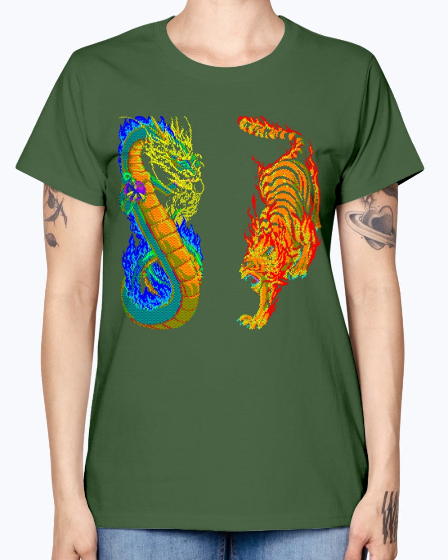 Gildan Ladies Missy T-Shirt 16 colors. Dragon vs Tiger