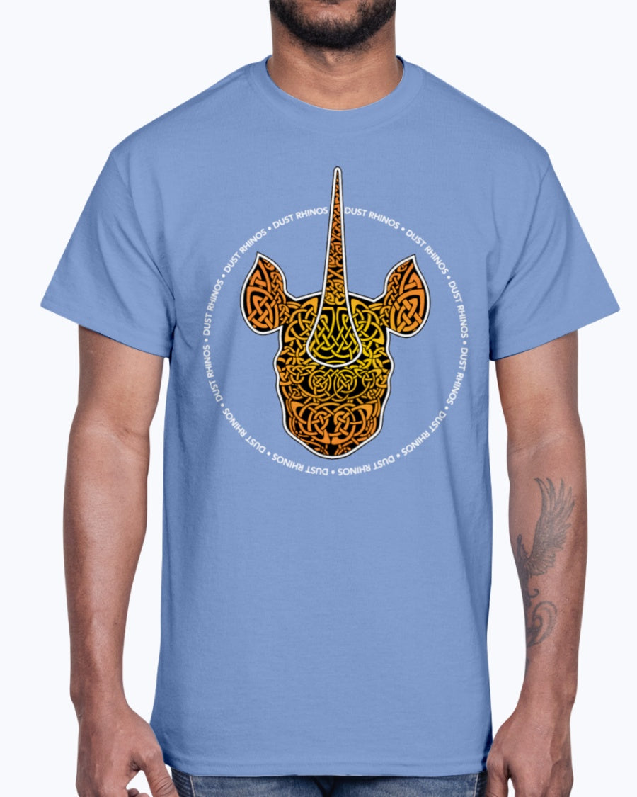 Men's Gildan Ultra Cotton T-Shirt 12 Dark colors.   Dust Rhinos Orange Knotwork